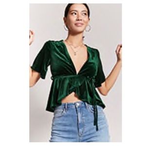 Hunter Green Tie Front Crop Blouse